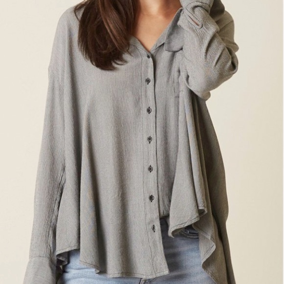 Free People Magic Breeze Gray Micro Stripe Button Down Shirt Large Oversized - Picture 15 of 16
